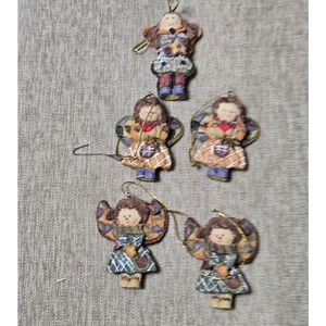 1990's Vintage Angel Ornaments Set of 5 - 2.5" in Height with Gold Cord Strings